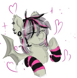 Size: 631x637 | Tagged: safe, artist:greatsunflow42, imported from derpibooru, oc, oc only, oc:gravel shine, bat pony, pony, arm warmers, clothes, ear piercing, earring, eyes closed, fangs, heart, jewelry, not fluttershy, piercing, solo