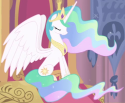 Size: 502x416 | Tagged: safe, imported from derpibooru, screencap, princess celestia, alicorn, pony, season 1, season 2, cropped, crown, ethereal mane, ethereal tail, female, horn, intro, jewelry, mare, regalia, solo, spread wings, tail, wings