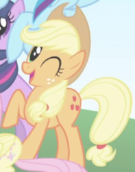 Size: 312x396 | Tagged: safe, imported from derpibooru, screencap, applejack, earth pony, pony, season 1, season 2, applejack's hat, cowboy hat, cropped, female, hat, intro, mare, solo focus