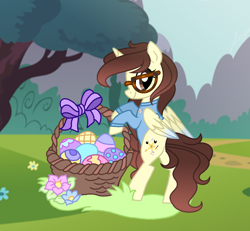 Size: 1300x1200 | Tagged: safe, artist:darbypop1, imported from derpibooru, oc, oc:darby, alicorn, pony, basket, easter egg, female, glasses, mare, solo