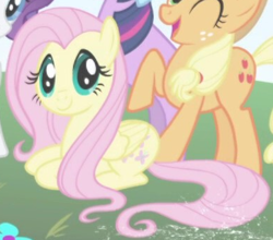 Size: 388x342 | Tagged: safe, imported from derpibooru, screencap, fluttershy, pegasus, pony, season 1, season 2, cropped, female, folded wings, intro, mare, solo focus, wings