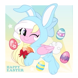 Size: 1773x1773 | Tagged: safe, artist:jhayarr23, imported from derpibooru, oc, oc only, oc:bay breeze, pegasus, pony, animal costume, bunny costume, clothes, costume, cute, easter, egg, female, holiday, looking at you, mare, one eye closed, pegasus oc, solo, wink, winking at you
