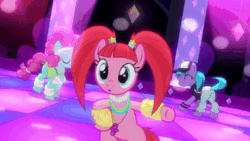 Size: 960x541 | Tagged: safe, imported from derpibooru, screencap, azure velour, flashdancer, pacific glow, earth pony, pony, the saddle row review, :o, animated, ass-ure velour, azurebutt, bangs, bipedal, butt, butt shake, clothes, cute, dancing, dancing queen, female, flank spin, flexible, furry leg warmers, glowbutt, glowstick, gyration, leg warmers, mare, open mouth, pacifier, pigtails, plot, rave, tail, tail twirl