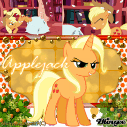 Size: 400x400 | Tagged: safe, imported from derpibooru, applejack, trixie, look before you sleep, animated, applejack's hat, blingee, bucking, cowboy hat, exploitable meme, feather, freckles, gif, hat, head shake, meme, pillow, pillow fight, recolor
