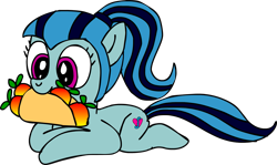 Size: 1909x1141 | Tagged: safe, artist:blackrhinoranger, imported from derpibooru, sonata dusk, earth pony, pony, crash bandicoot (series), female, food, fruit, lying down, mare, mouth hold, ponified, prone, simple background, smiling, solo, sonataco, taco, tail, that girl sure loves tacos, that pony sure does love tacos, that siren sure does love tacos, transparent background, wumpa fruit