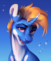 Size: 2480x2981 | Tagged: safe, artist:mithriss, imported from derpibooru, oc, oc only, bird, hybrid, seagull, fangs, horn, male, open mouth, open smile, smiling, solo, stallion, teeth