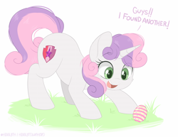 Size: 1200x928 | Tagged: safe, artist:higgly-chan, imported from derpibooru, sweetie belle, pony, unicorn, cute, dialogue, diasweetes, easter, easter egg, eye clipping through hair, eyebrows, eyebrows visible through hair, female, filly, foal, grass, holiday, horn, open mouth, open smile, smiling, solo, talking, the cmc's cutie marks