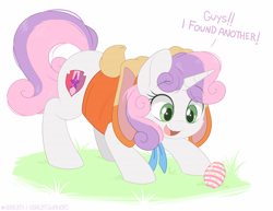 Size: 1200x928 | Tagged: safe, alternate version, artist:higgly-chan, imported from derpibooru, sweetie belle, pony, unicorn, bunny ears, clothes, cream the rabbit, cute, dialogue, diasweetes, easter, easter egg, eye clipping through hair, eyebrows, eyebrows visible through hair, female, filly, foal, grass, holiday, hoodie, horn, open mouth, open smile, smiling, solo, sonic the hedgehog (series), talking, the cmc's cutie marks