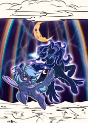 Size: 1472x2048 | Tagged: safe, artist:luanshanhun, imported from derpibooru, princess luna, oc, oc:cloud cover, fanfic:pegasus device, fanfic:rainbow factory, crescent moon, fanfic art, flying, lightning, moon, spread wings