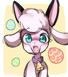 Size: 800x900 | Tagged: safe, artist:catsonmarss, artist:picklescatt, imported from derpibooru, lamb, sheep, them's fightin' herds, bell, bell collar, blushing, bunny ears, collar, community related, easter, easter egg, female, heart, heart eyes, holiday, open mouth, pom (tfh), solo, wingding eyes