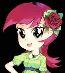 Size: 512x576 | Tagged: safe, editor:luckreza8, imported from derpibooru, roseluck, human, equestria girls, :d, ai content, ai generated, anime, black background, female, generator:pinegraph, happy, open mouth, open smile, simple background, smiling, solo