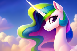 Size: 1920x1280 | Tagged: safe, derpibooru exclusive, editor:dovakkins, imported from derpibooru, princess celestia, alicorn, pony, ai content, ai generated, beautiful, blue sky, bust, cloud, cloudy, day, female, generator:stable diffusion, horn, long mane, mare, missing accessory, sky, smiling, solo, wavy mane, wings