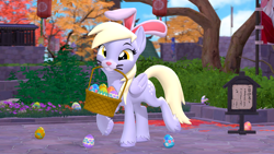 Size: 3840x2160 | Tagged: safe, artist:owlpirate, imported from derpibooru, derpy hooves, pegasus, pony, 3d, 4k, basket, bunny ears, cute, derpabetes, easter, easter basket, easter egg, female, genshin impact, high res, holiday, looking at you, mare, mouth hold, smiling, smiling at you, solo, source filmmaker, standing on two hooves