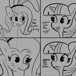 Size: 3300x3300 | Tagged: safe, artist:tjpones, imported from derpibooru, fluttershy, twilight sparkle, pegasus, pony, unicorn, bunny ears, comic, duo, easter, female, gray background, grayscale, holiday, implied insertion, mare, meme, monochrome, open mouth, open smile, simple background, smiling, sweat, sweatdrop, unicorn twilight