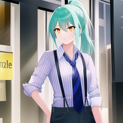 Size: 1024x1024 | Tagged: safe, editor:jesterofdestiny, generator:anything v5, imported from derpibooru, lyra heartstrings, human, ai content, ai generated, anime style, button-up shirt, clothes, denim, dress shirt, humanized, jeans, necktie, pants, ponytail, rolled up sleeves, shirt, solo, suspenders, tomboy