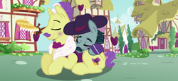 Size: 1024x473 | Tagged: safe, imported from derpibooru, dandy grandeur, turner mccolt, earth pony, pony, unicorn, awww, blushing, clothes, couple, cute, daaaaaaaaaaaw, duo, duo male, eyes closed, facial hair, gay, gay couple, hat, male, mccolt family, moustache, ponyville, shipping, stallion, turner grandeur