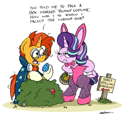 Size: 2131x1959 | Tagged: safe, artist:bobthedalek, imported from derpibooru, starlight glimmer, sunburst, pony, unicorn, basket, bipedal, blaze (coat marking), bunny suit, bush, clothes, coat markings, easter, easter basket, easter egg, facial hair, facial markings, female, frown, goatee, holiday, hoof on hip, male, mare, shipping, sign, simple background, socks (coat markings), stallion, starburst, starlight glimmer is not amused, straight, unamused, white background