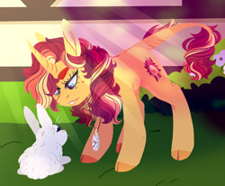Size: 1280x1053 | Tagged: safe, artist:faritallkie, imported from derpibooru, sunset shimmer, classical unicorn, pony, rabbit, unicorn, animal, cloven hooves, crepuscular rays, female, jewelry, leonine tail, mare, necklace, redesign, solo, unshorn fetlocks, watch