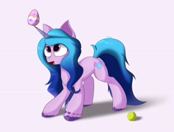 Size: 2138x1620 | Tagged: safe, artist:3naa, imported from derpibooru, izzy moonbow, pony, unicorn, balancing, ball, bracelet, easter egg, female, friendship bracelet, g5, izzy impaling things, izzy's tennis ball, jewelry, mare, open mouth, open smile, smiling, solo, sports, tennis, tennis ball