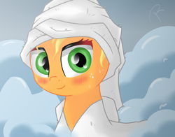 Size: 1380x1080 | Tagged: safe, artist:reinbou, imported from derpibooru, applejack, earth pony, pony, bathrobe, clothes, cute, female, jackabetes, looking at you, mare, robe, sauna, solo, spa, towel on head