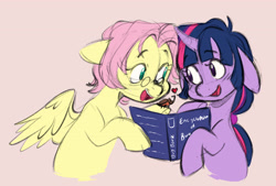 Size: 3693x2492 | Tagged: safe, artist:chub-wub, imported from derpibooru, fluttershy, twilight sparkle, beetle, insect, pegasus, pony, unicorn, alternate hairstyle, beige background, book, cute, duo, duo female, female, floppy ears, glasses, heart, lesbian, mare, open mouth, personality swap, role reversal, shipping, short hair, shyabetes, simple background, twiabetes, twishy, unicorn twilight
