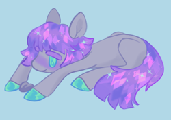 Size: 1280x898 | Tagged: safe, artist:webkinzworldz, imported from derpibooru, maud pie, earth pony, pony, blue background, boulder (g4), februpony, light blue background, rock, simple background, solo, sparkly mane