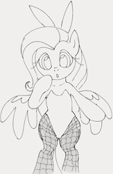 Size: 700x1073 | Tagged: safe, artist:dotkwa, imported from derpibooru, fluttershy, pegasus, pony, bipedal, bunny suit, bunnyshy, clothes, cute, easter, female, fishnets, gray background, grayscale, holiday, looking at you, mare, monochrome, shyabetes, simple background, solo, spread wings, wings