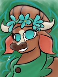 Size: 768x1024 | Tagged: safe, artist:toxiccoswynaut, imported from derpibooru, cow, them's fightin' herds, community related, female, floral head wreath, flower, looking at you, madison (tfh), no pupils, smiling, smiling at you, solo