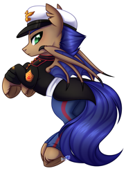 Size: 1961x2693 | Tagged: safe, artist:nekomellow, imported from derpibooru, oc, oc only, oc:distant echo, bat pony, pony, bat wings, blue mane, blue tail, brown coat, claws, green eyes, looking at you, male, marines, simple background, solo, stallion, tail, torn ear, wing claws, wings