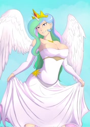 Size: 1448x2048 | Tagged: safe, artist:symptom99, imported from derpibooru, princess celestia, human, big breasts, breasts, busty princess celestia, cleavage, clothes, crown, dress, humanized, jewelry, looking at you, regalia, smiling, solo, winged humanization, wings