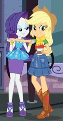 Size: 493x947 | Tagged: safe, imported from derpibooru, screencap, applejack, rarity, equestria girls, equestria girls series, street chic, spoiler:eqg series (season 2), bare shoulders, female, rarity peplum dress, shipping fuel, sleeveless