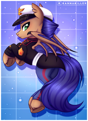 Size: 2007x2750 | Tagged: safe, artist:nekomellow, imported from derpibooru, oc, oc only, oc:distant echo, bat pony, pony, bat wings, blue mane, blue tail, brown coat, claws, clothes, colored background, green eyes, male, marines, ponyvania, posing for photo, solo, stallion, tail, uniform, wing claws, wings