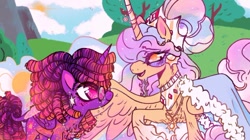 Size: 540x303 | Tagged: safe, alternate version, artist:rareapples, imported from derpibooru, princess celestia, twilight sparkle, alicorn, pony, 2d, colored, digital art, duo, female, g4, glasses, horn, looking at each other, looking at someone, mare, redesign, smiling, smiling at each other, sparkles, twilight sparkle (alicorn), wings