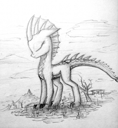 Size: 1000x1081 | Tagged: safe, artist:setharu, imported from ponybooru, spike, oc, oc only, oc:precious, dracony, dragon, hybrid, pony, barb, claws, cloud, cloudy, dead tree, eyes closed, frills, monochrome, pensive, rule 63, sketch, solo, tree