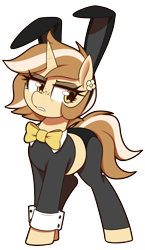 Size: 550x950 | Tagged: safe, artist:thebatfang, oc, oc:latte luxury, pony, unicorn, bowtie, bunny ears, bunny suit, clothes, female, flower, flower in hair, freckles, mare, reverse bunny suit, simple background, solo, transparent background