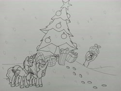 Size: 9248x6936 | Tagged: safe, artist:anxiouspon, imported from derpibooru, princess luna, twilight sparkle, alicorn, pony, unicorn, atg 2020, christmas, holiday, newbie artist training grounds, pine tree, the grinch, traditional art, tree, unicorn twilight