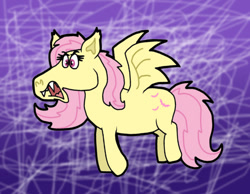 Size: 1016x787 | Tagged: safe, artist:cookie-lovey, imported from derpibooru, fluttershy, bat pony, pony, bats!, 2014, bat ponified, fangs, female, flutterbat, flying, mare, open mouth, purple background, race swap, simple background, snarling, solo, spread wings, style emulation, the fairly oddparents, wings