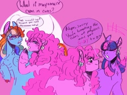 Size: 540x405 | Tagged: safe, artist:rareapples, imported from derpibooru, pinkie pie, rainbow dash, twilight sparkle, alicorn, earth pony, pegasus, pony, 2d, colored, digital art, ear piercing, earring, female, happy, horn, hug, jewelry, lesbian, looking at each other, looking at someone, love, mare, piercing, shipping, smiling, smiling at each other, standing, twilight sparkle (alicorn), wings