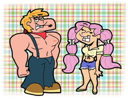 Size: 1016x787 | Tagged: safe, artist:cookie-lovey, imported from derpibooru, big macintosh, fluttershy, human, 2014, alternate hairstyle, belly button, biceps, breasts, busty fluttershy, clothes, daisy dukes, denim, duo, duo male and female, female, fluttermac, front knot midriff, great macintosh, grin, humanized, jeans, lidded eyes, looking at you, male, male nipples, midriff, muscles, muscular male, nipples, nudity, pants, pecs, pigtails, plaid background, redneck, shipping, shoes, shorts, smiling, smiling at you, straight, straw in mouth, style emulation, suspenders, the fairly oddparents, toothy grin, twintails, wide hips