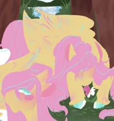 Size: 540x576 | Tagged: safe, artist:rareapples, imported from derpibooru, fluttershy, pegasus, pony, 2d, blushing, colored, digital art, female, flower, folded wings, lying down, mare, smiling, solo, tree, wings