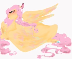 Size: 540x443 | Tagged: safe, artist:rareapples, imported from derpibooru, fluttershy, pegasus, pony, 2d, colored, digital art, female, long hair, lying down, mare, prone, simple background, sitting, sketch, smiling, solo, spread wings, wings