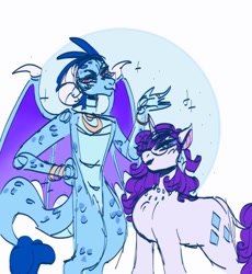 Size: 540x588 | Tagged: safe, artist:rareapples, imported from derpibooru, princess ember, rarity, dragon, pony, 2d, blushing, digital art, duo, female, gold, height difference, horn, looking at each other, looking at someone, mare, nuzzling, shipping, sketch, smiling, talking, wings