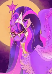 Size: 540x766 | Tagged: safe, alternate version, artist:rareapples, imported from derpibooru, twilight sparkle, alicorn, pony, 2d, collar, digital art, female, glasses, long hair, looking at you, mare, ponytail, smiling, solo, spread wings, twilight sparkle (alicorn), wings