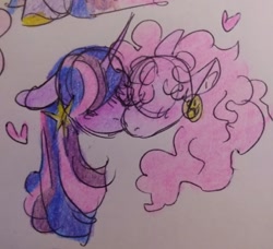 Size: 540x492 | Tagged: safe, artist:rareapples, imported from derpibooru, pinkie pie, twilight sparkle, alicorn, earth pony, pony, 2d, colored, digital art, duo, ear piercing, earring, female, happy, horn, hug, jewelry, lesbian, looking at each other, looking at someone, love, mare, nuzzling, piercing, shipping, smiling, smiling at each other, twilight sparkle (alicorn), wings