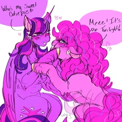 Size: 540x540 | Tagged: safe, artist:rareapples, imported from derpibooru, pinkie pie, twilight sparkle, alicorn, earth pony, pony, 2d, colored, digital art, duo, ear piercing, earring, female, happy, horn, hug, jewelry, lesbian, looking at each other, looking at someone, love, mare, piercing, shipping, smiling, smiling at each other, standing, text, twilight sparkle (alicorn), twinkie, wings