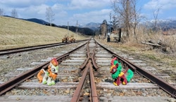 Size: 2048x1200 | Tagged: safe, imported from derpibooru, photographer:pakapaka1993, autumn blaze, cinder glow, summer flare, kirin, irl, japan, photo, plushie, train tracks