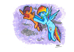 Size: 1024x724 | Tagged: safe, artist:adishu, imported from derpibooru, rainbow dash, scootaloo, pegasus, pony, cloud, duo, duo female, excited, female, filly, flying, foal, mare, rain, scootalove, wet