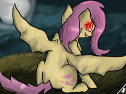 Size: 1024x768 | Tagged: safe, artist:adishu, imported from derpibooru, fluttershy, bat pony, bat ponified, fangs, flutterbat, full moon, glow, glowing eyes, grass, grass field, looking back, moon, night, race swap, solo