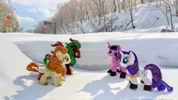 Size: 2048x1152 | Tagged: safe, imported from derpibooru, photographer:pakapaka1993, autumn blaze, cinder glow, rarity, summer flare, twilight sparkle, kirin, pony, irl, japan, photo, plushie, snow