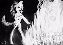 Size: 2100x1500 | Tagged: safe, artist:lacayra, artist:minckies, imported from derpibooru, trixie, pony, unicorn, bipedal, female, fire, grayscale, mare, monochrome, solo